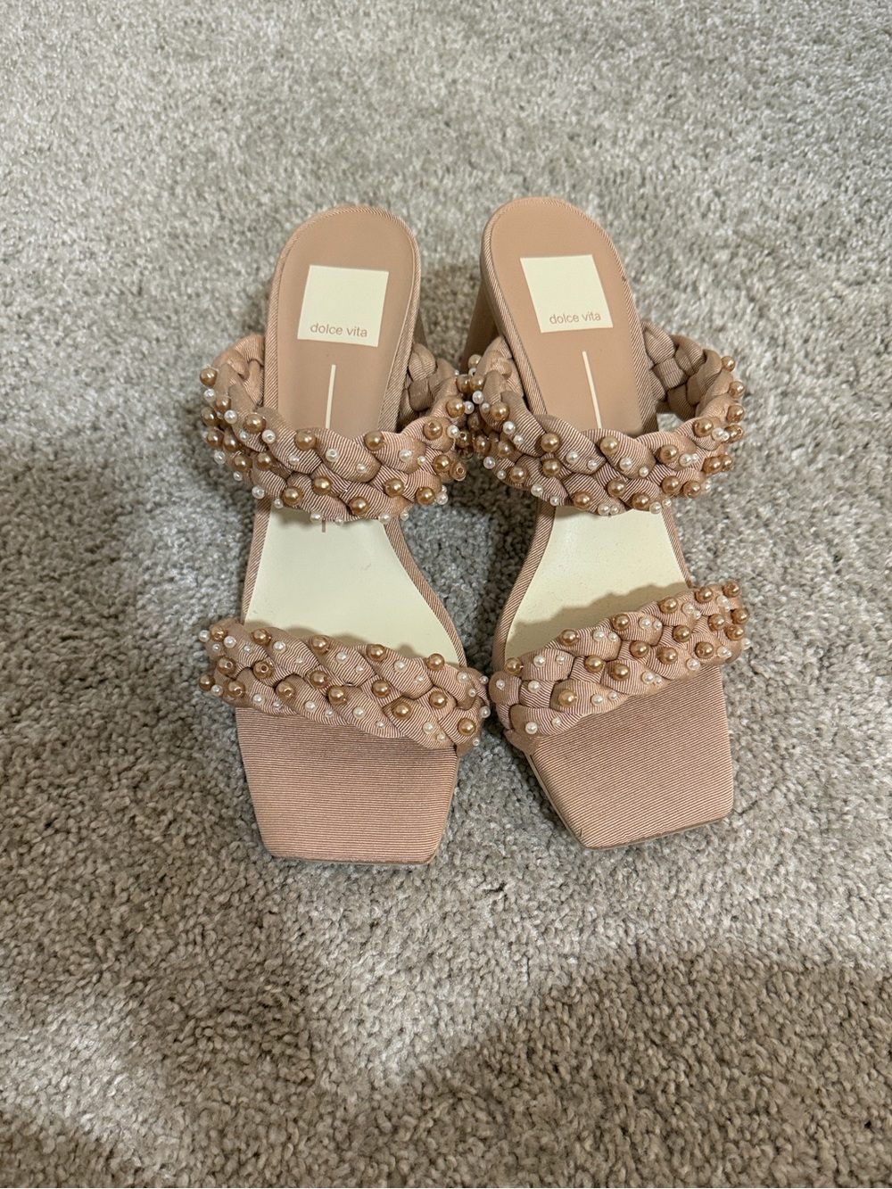 Dolce Vita Blush Braided Pearl-Stud Slide Heels